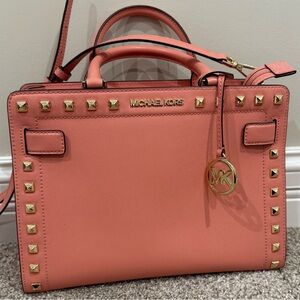 Michael kors tote, coral with gold studs, gently used